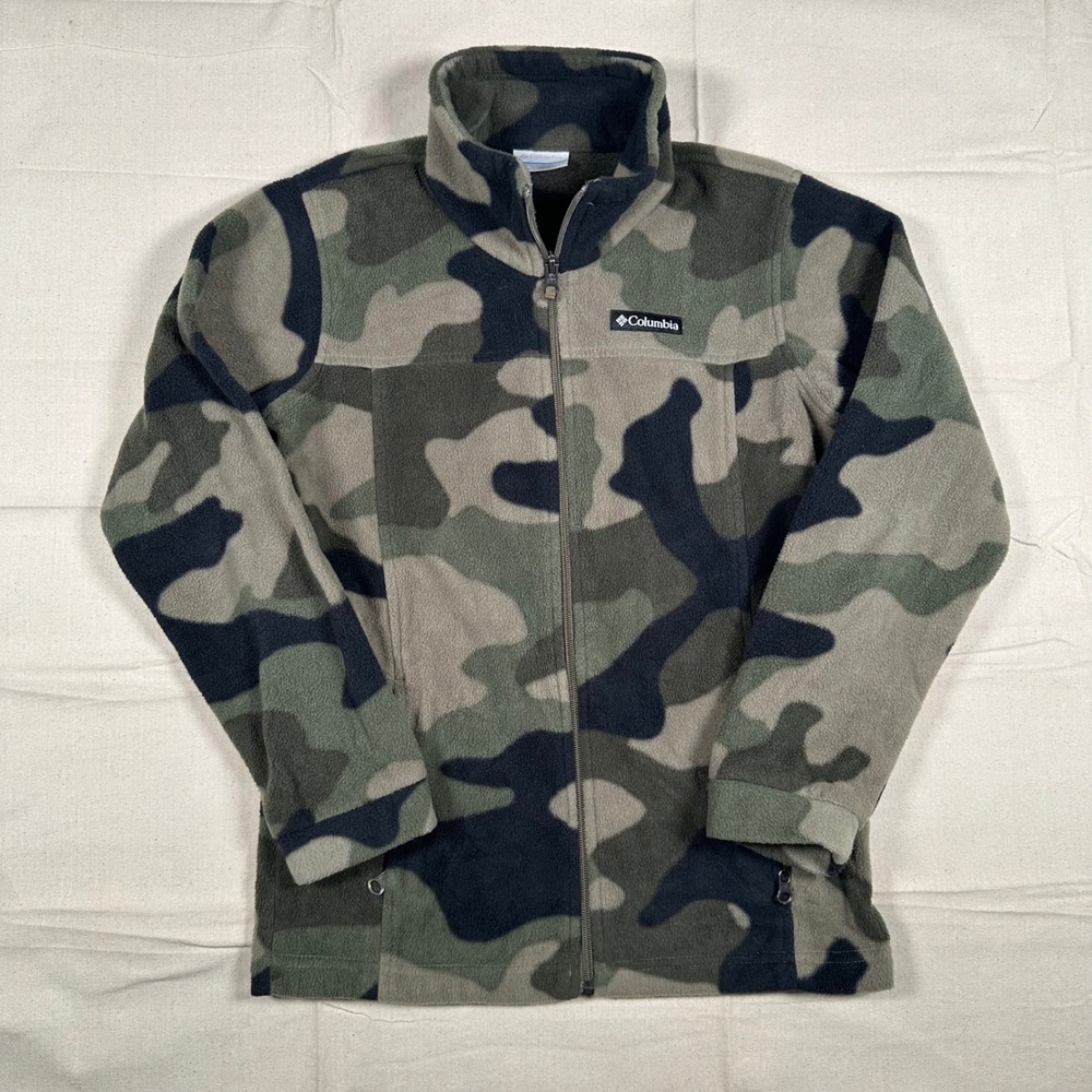 Columbia Kids Camo Fleece Jacket Full Zip Green Brown Camouflage Size M 10/12